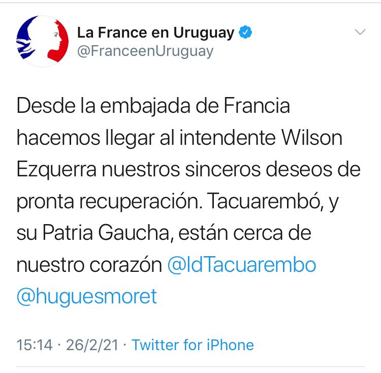 Embajada de Francia desea una pronta recuperación para nuestro intendente Ezquerra