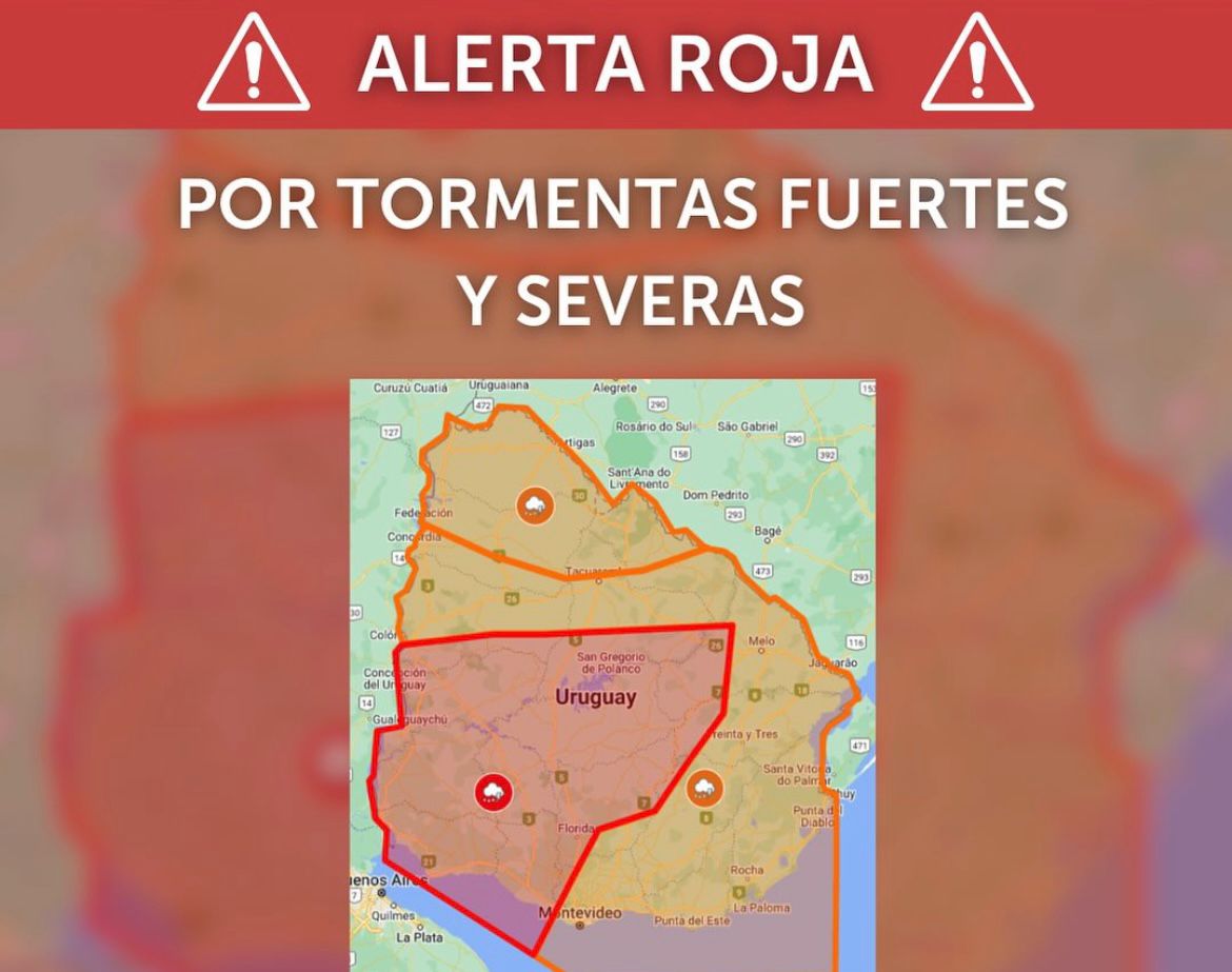 Rige alerta roja por tormentas fuertes y severas
