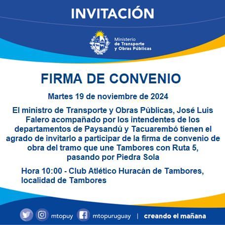 Se invita a los vecinos a acompañar la firma del convenio que permitirá mejorar tramo entre Tambores y Ruta 5