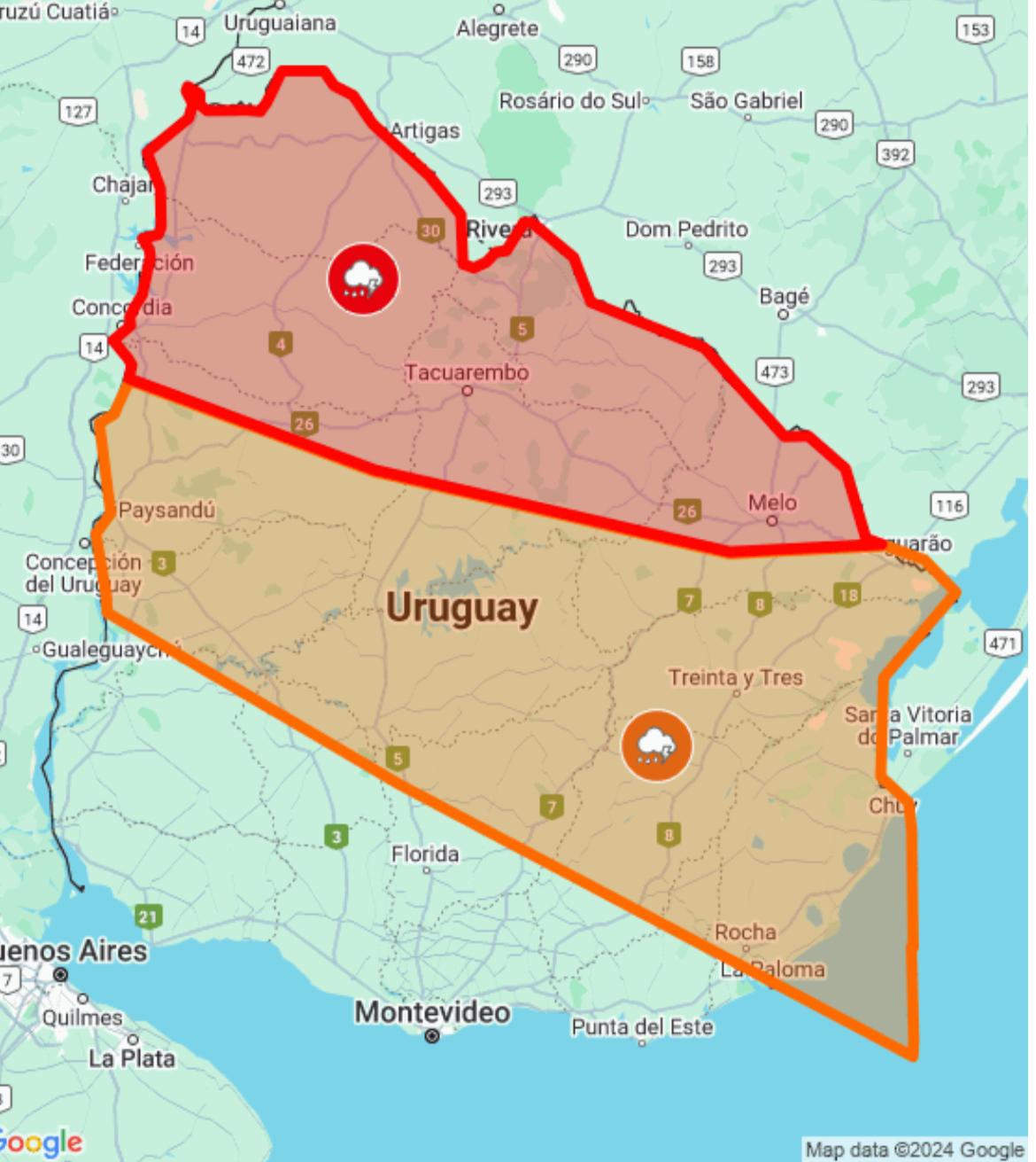 Inumet emitió alerta roja para el Norte del país