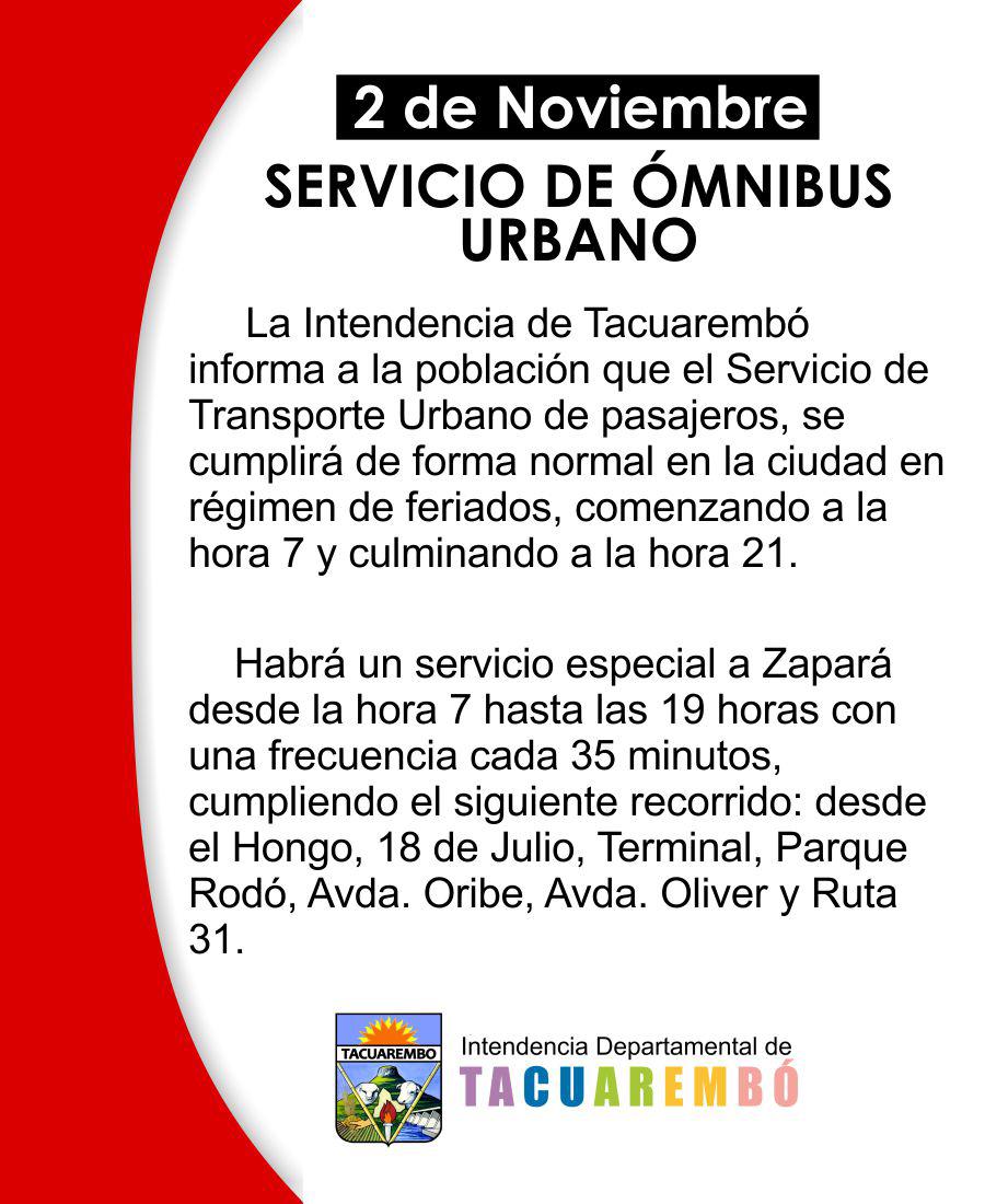 Servicio de Ómnibus Urbano para este 2 de Noviembre
