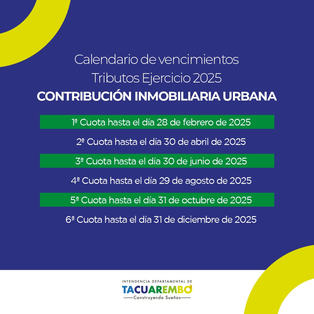 Calendario para el pago de la Contribución Inmobiliaria 2025 en Tacuarembó