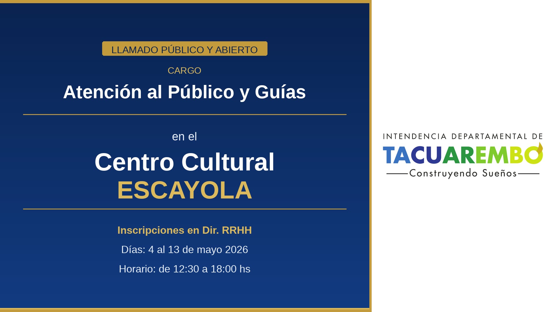 LLamado Público y Abierto para cargo de Atención al Público y Guías en el Centro Cultural Escayola